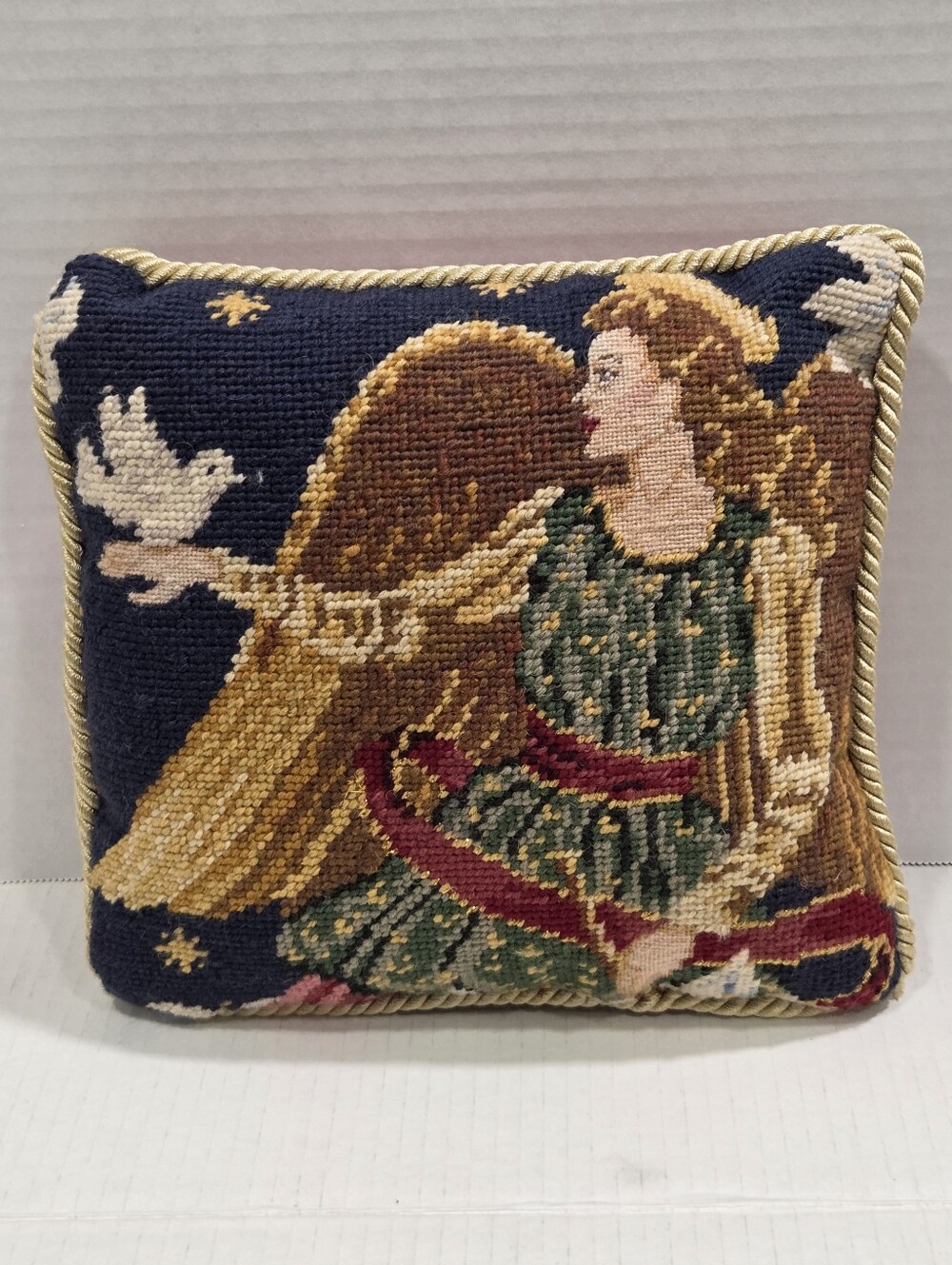 Vintage Angel With Doves Needlepoint Holiday Small Pillow
